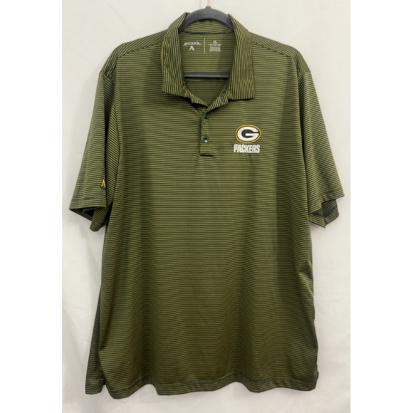 Green Bay Packers Antigua Polo Shirt Green Yellow Striped Mens Size XL - Picture 1 of 8